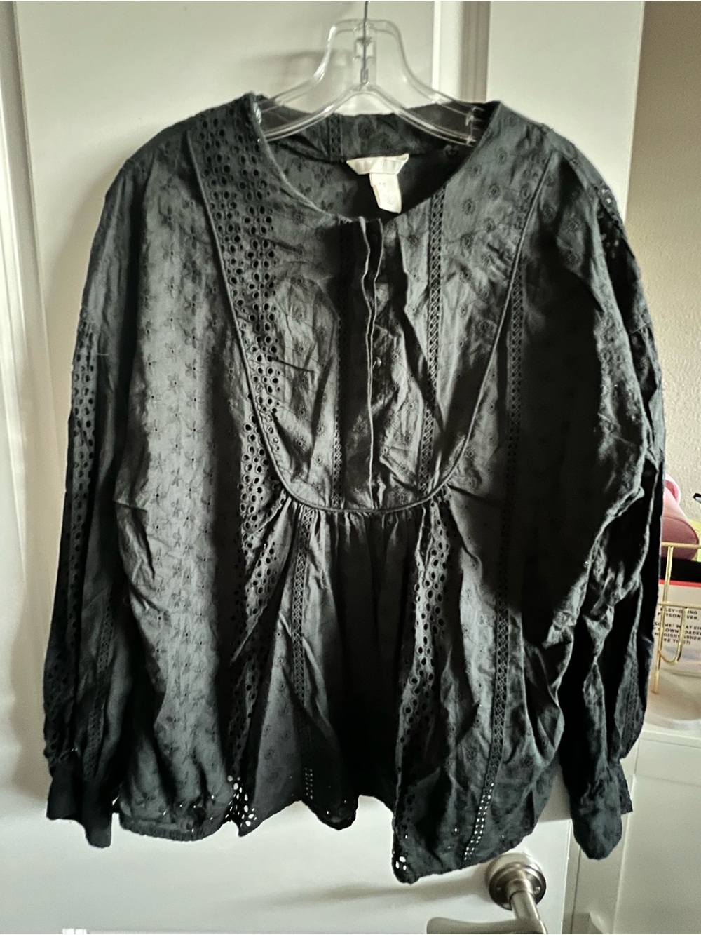 H&M Black Eyelet Peasant Tunic Top